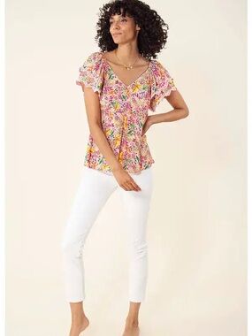 Hale Bob Pink Floral Layered Flounce Sleeve Top